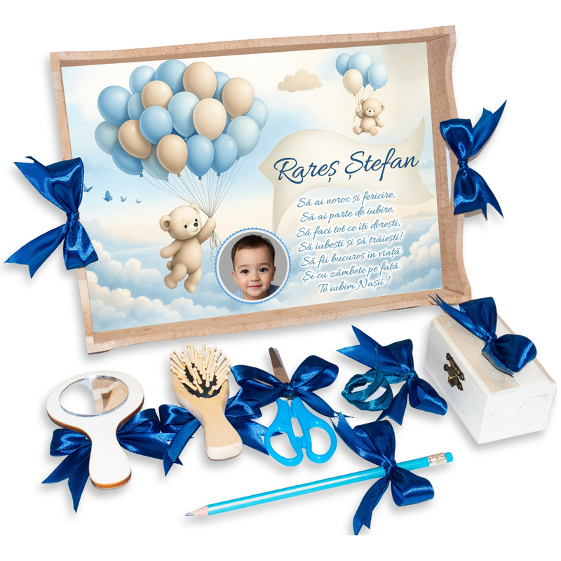 Tava pentru Mot Personalizata pentru baieti, Model Urs cu Baloane, Culoare Natur, Funde Albastre