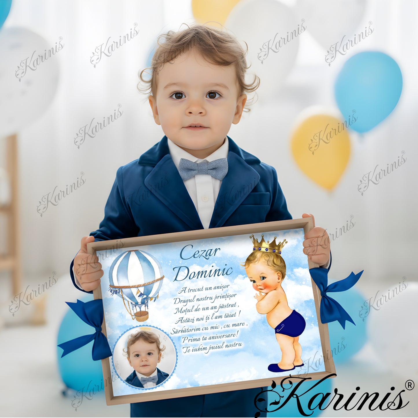 Tavita mot baiat personalizata cu printisor, coroana, balon cu aer cald si norisori