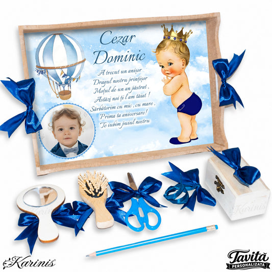 Set mot baiat aniversare 1 an cu tava personalizata, tematica printisor si poza copil