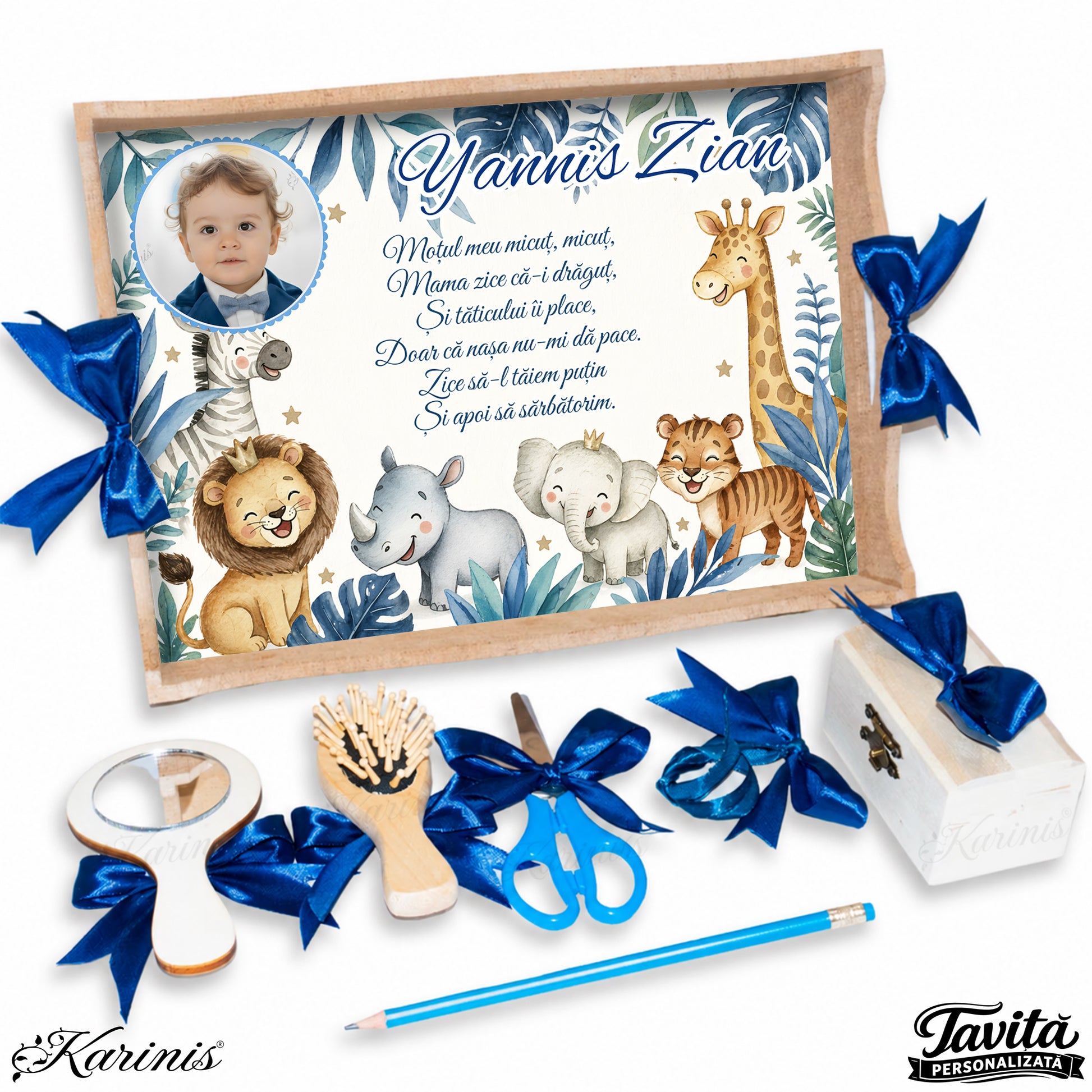 Set Mot Baiat Personalizat cu Tavita Safari Albastru, Leu, Elefant si Girafa - Aniversare 1 An - Tăvița Personalizată
