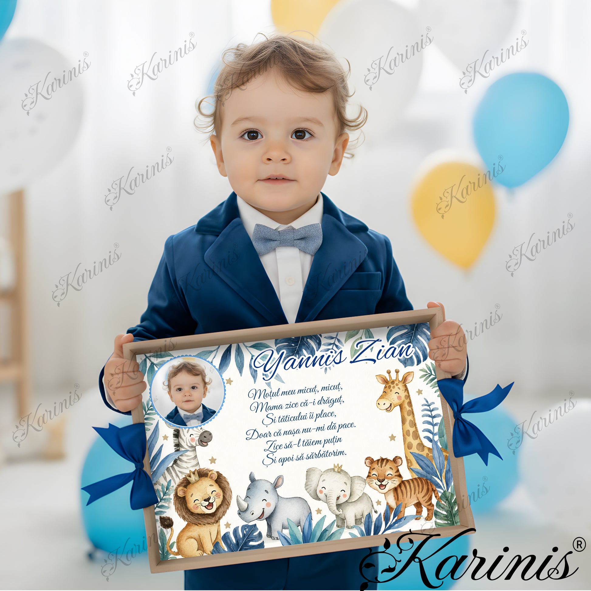 Set Mot Baiat Personalizat cu Tavita Safari Albastru, Leu, Elefant si Girafa - Aniversare 1 An - Tăvița Personalizată