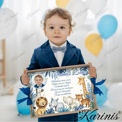 Set Mot Baiat Personalizat cu Tavita Safari Albastru, Leu, Elefant si Girafa - Aniversare 1 An - Tăvița Personalizată