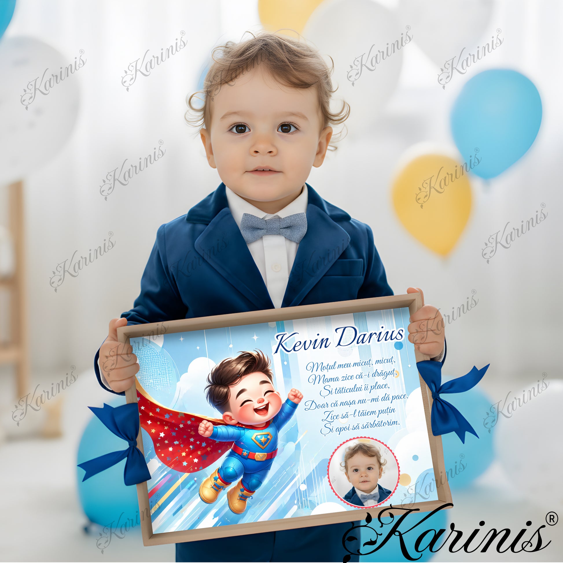 Set mot baiat aniversare 1 an cu tava personalizata, tematica supererou si poza copil