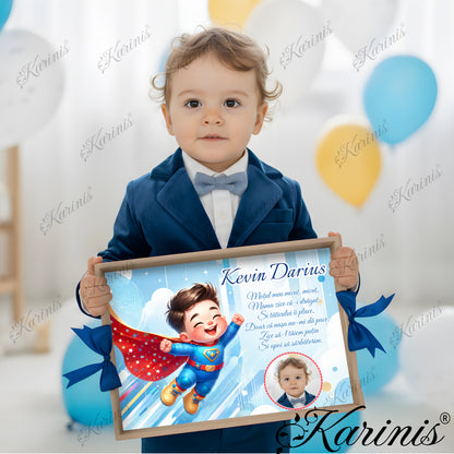 Set mot baiat aniversare 1 an cu tava personalizata, tematica supererou si poza copil