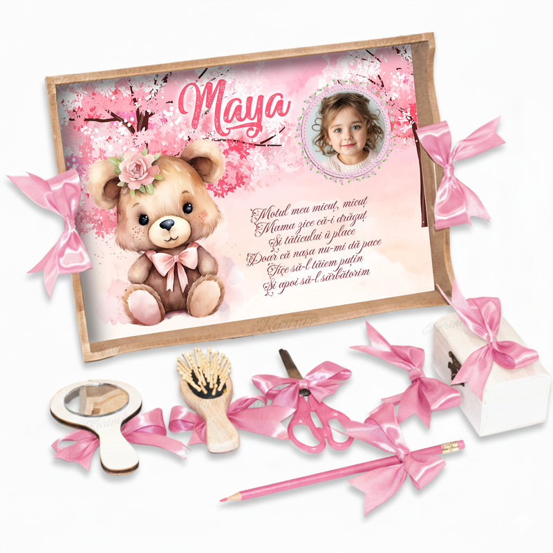 Set Tavita Mot Ursulet si Flori de Cires - Tava Personalizata Taiere Mot Fetite Design Watercolor Roz
