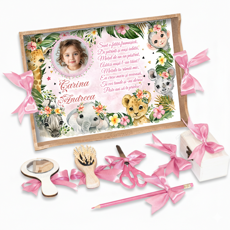 Set Tavita Mot Fata Safari cu Poza - Tava Personalizata Taiere Mot Fetite Animalute Watercolor si Flori
