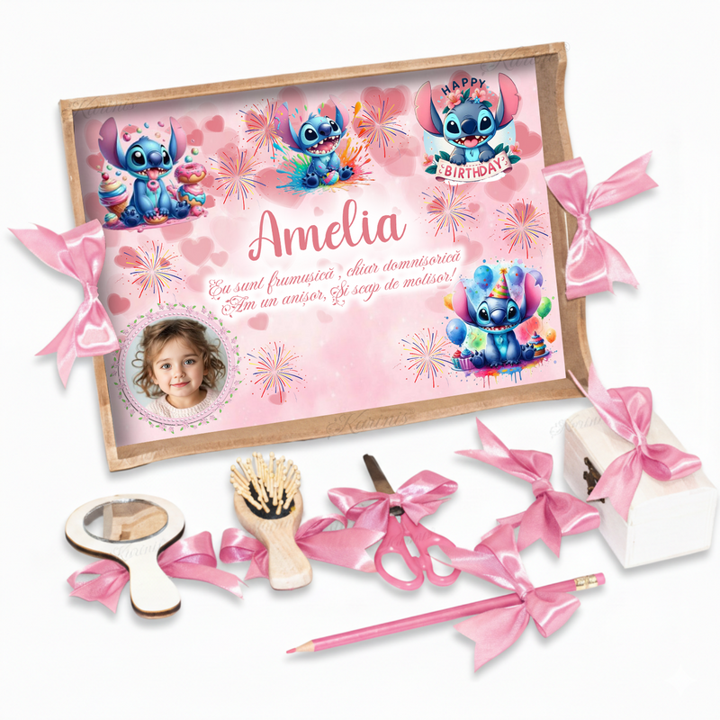 Set Tavita Mot Stitch Roz - Tava Personalizata Taiere Mot Fetite Aniversare 1 An cu Artificii