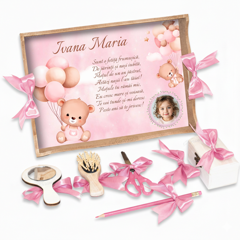 Set Tavita Mot Ursulet cu Baloane si Norisori - Tava Personalizata Taiere Mot Fetite Design Dreamy Pink
