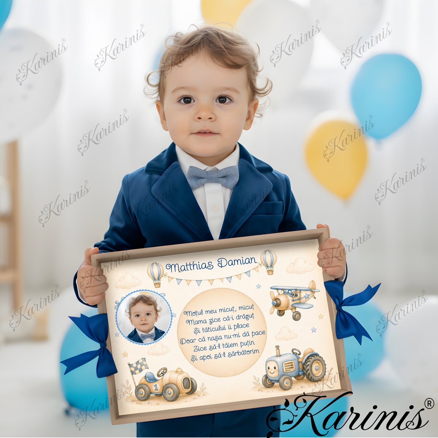Set mot baiat aniversare 1 an cu tava personalizata, tematica vehicule vintage si text personalizat