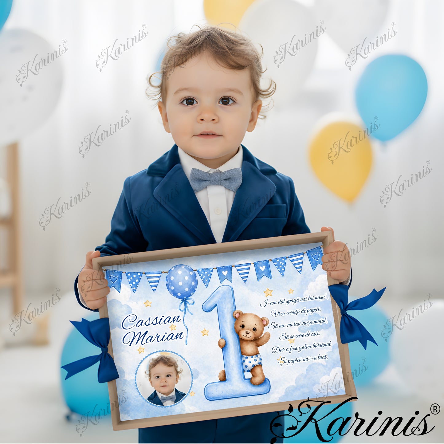 Set mot baiat aniversare 1 an cu tava personalizata, tematica ursulet baby si text personalizat
