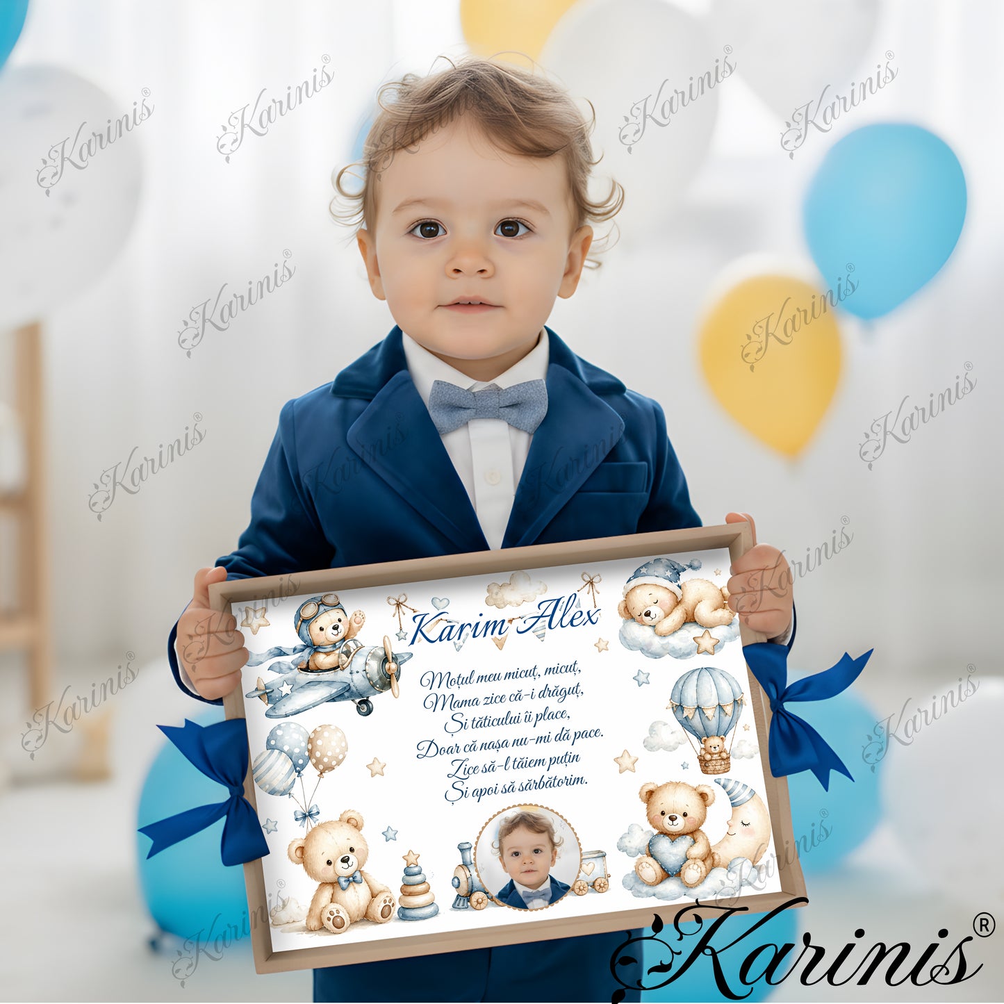 Set mot baiat aniversare 1 an cu tava personalizata, ursuleti, avion si poza copil