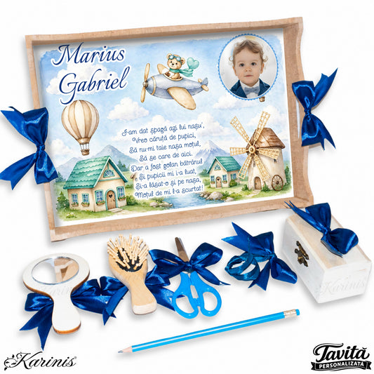 Set mot baiat aniversare 1 an cu tava personalizata, balon cu aer cald, poza copil si text