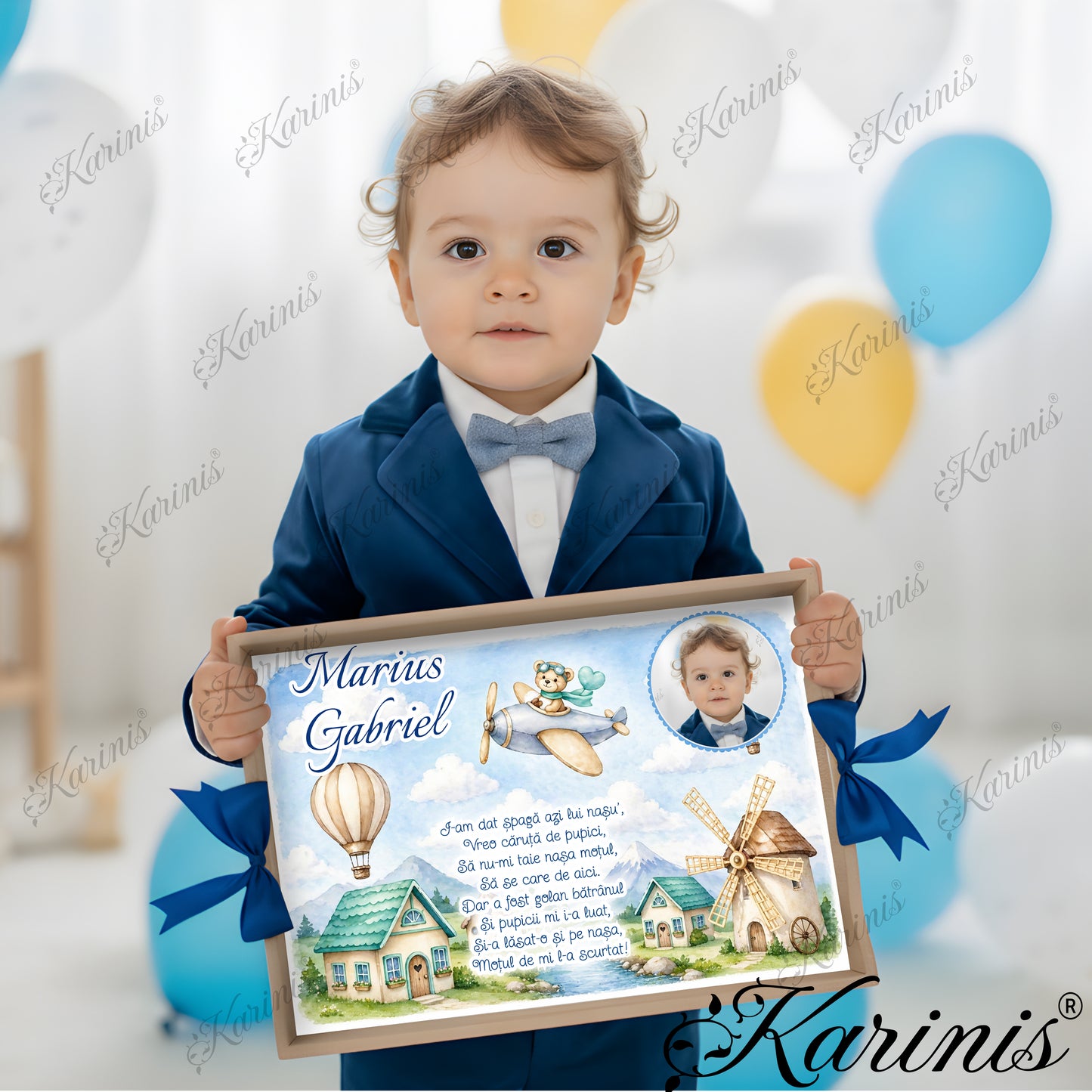Tavita mot baiat personalizata cu ursulet aviator, avion, casute si moara de vant