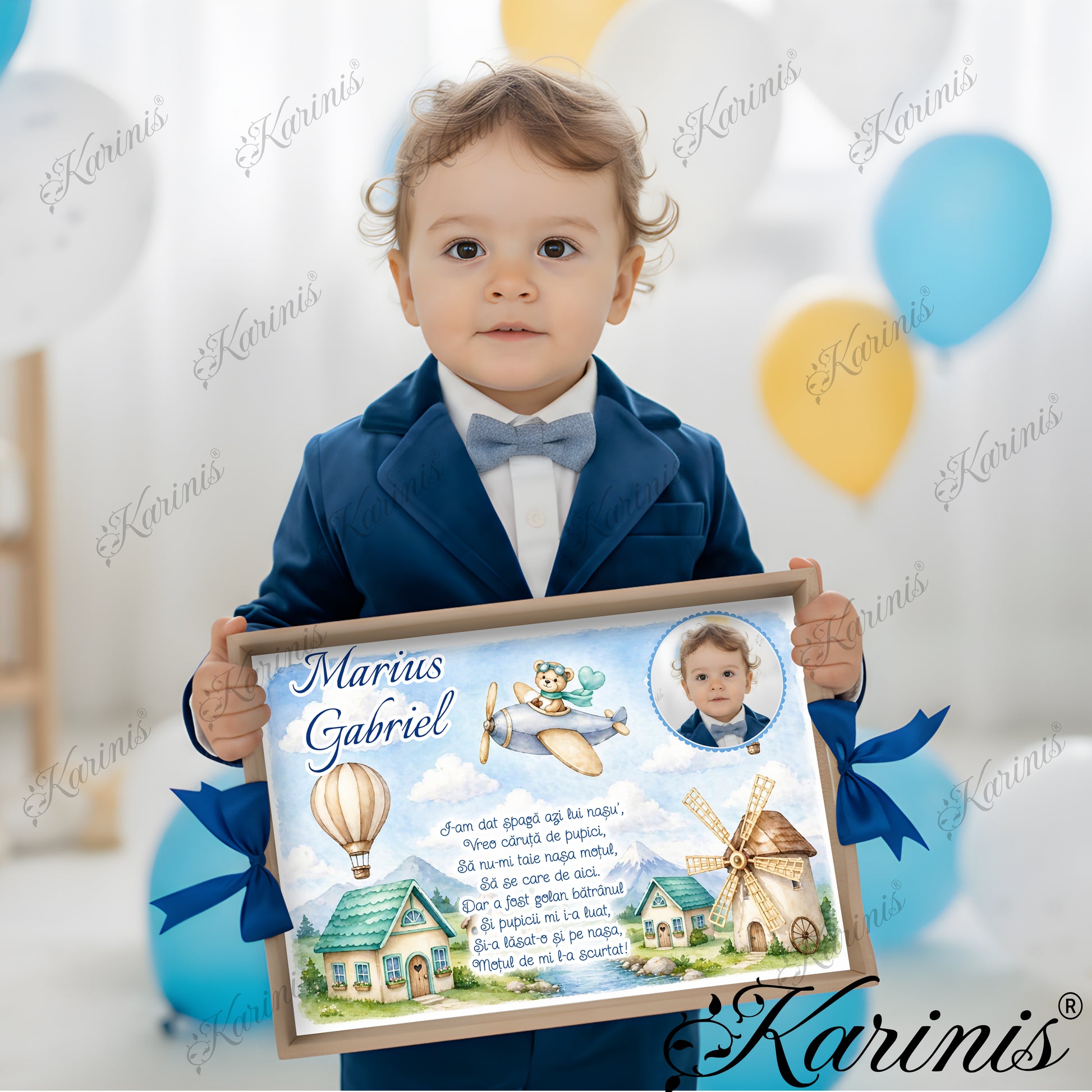 Tavita mot baiat personalizata cu ursulet aviator, avion, casute si moara de vant