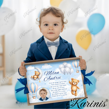 Set mot baiat aniversare 1 an cu tava personalizata, tematica ursulet si poza copil