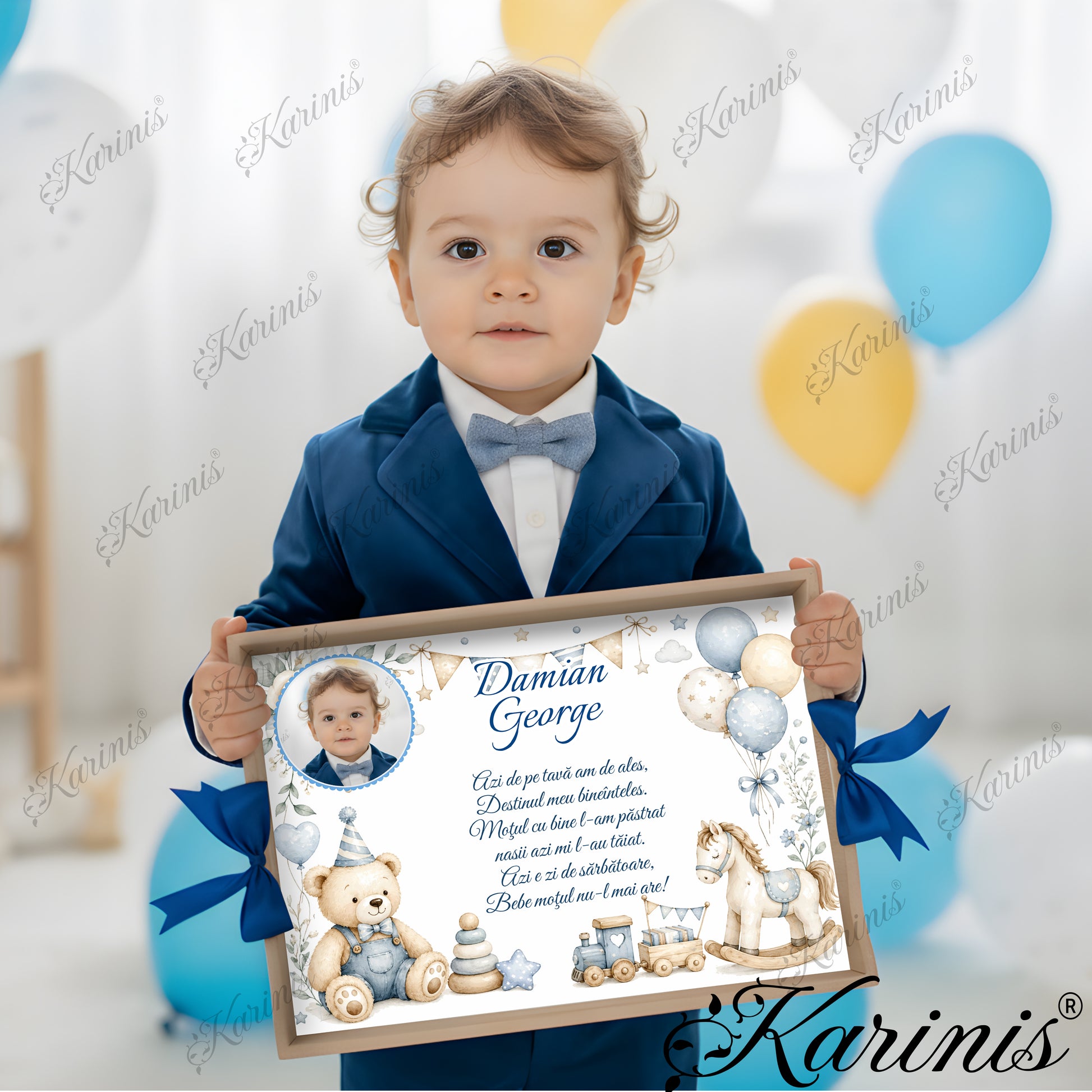 Tava Mot Personalizata Baiat, Model Ursulet cu Calut Balansoar si Baloane - Tăvița Personalizată