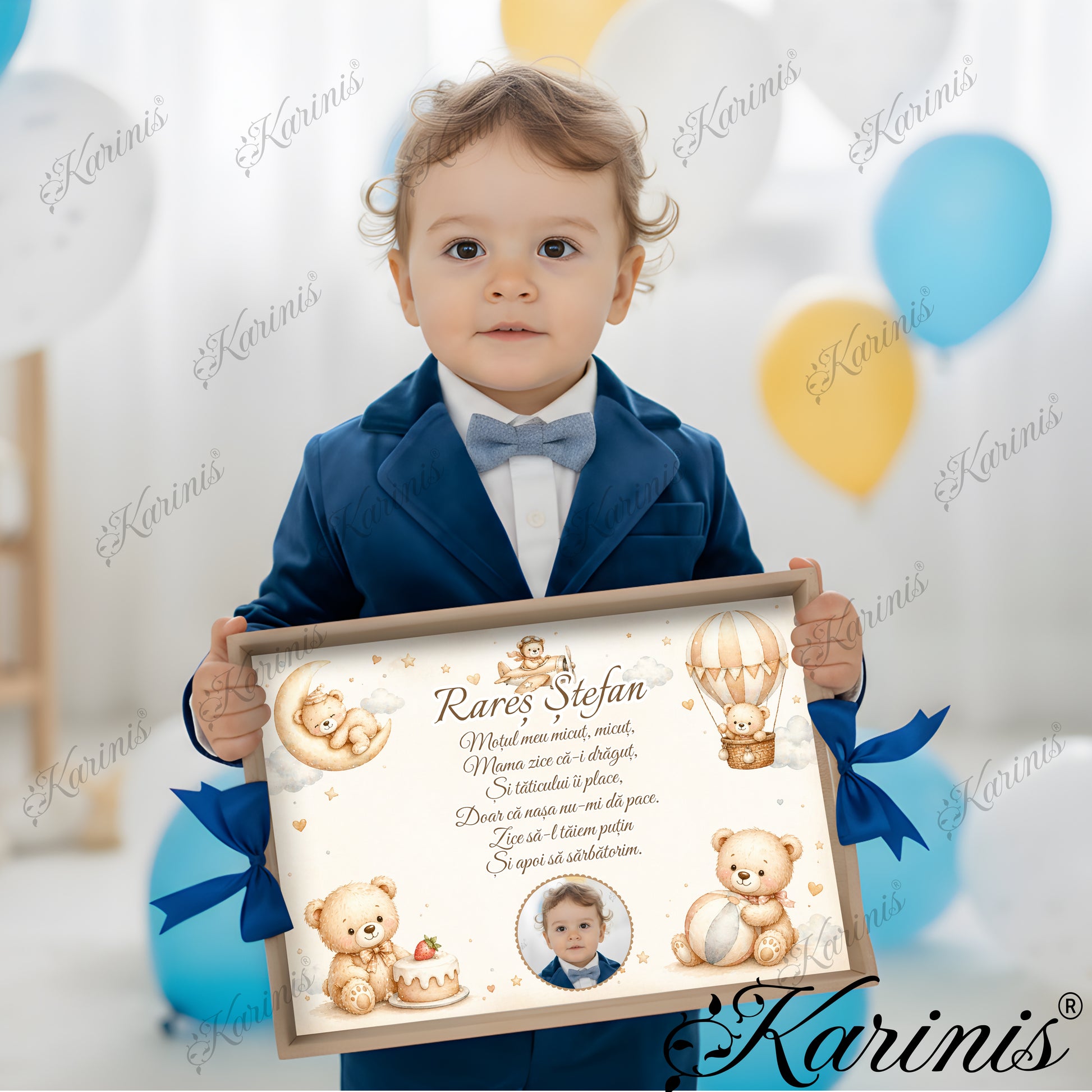 Tavita mot baiat personalizata cu ursuleti, luna, balon cu aer cald si poza copil