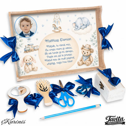 Set mot baiat aniversare 1 an cu tava personalizata, tematica ursulet baby western si poza copil