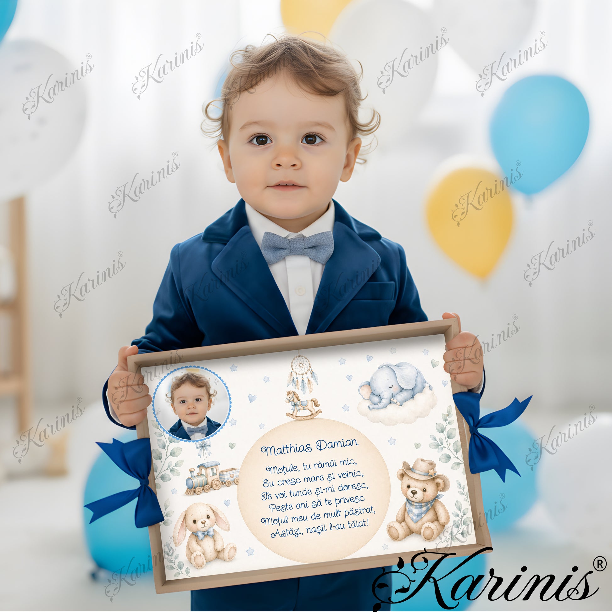 Tavita mot baiat personalizata cu ursulet cowboy, elefantel, calut balansoar si trenulet