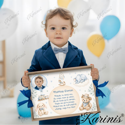 Tavita mot baiat personalizata cu ursulet cowboy, elefantel, calut balansoar si trenulet