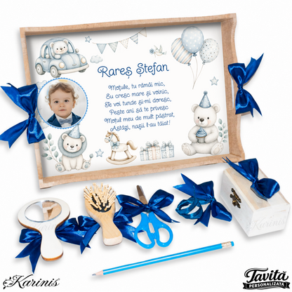 Set mot baiat aniversare 1 an cu tava personalizata, tematica ursulet baby si poza copil