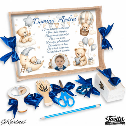 Set mot baiat aniversare 1 an cu tava personalizata, tematica ursuleti baby si norisori
