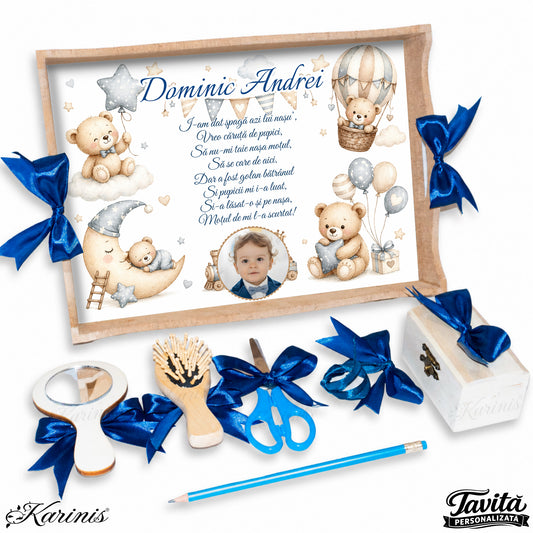 Set mot baiat aniversare 1 an cu tava personalizata, tematica ursuleti baby si norisori