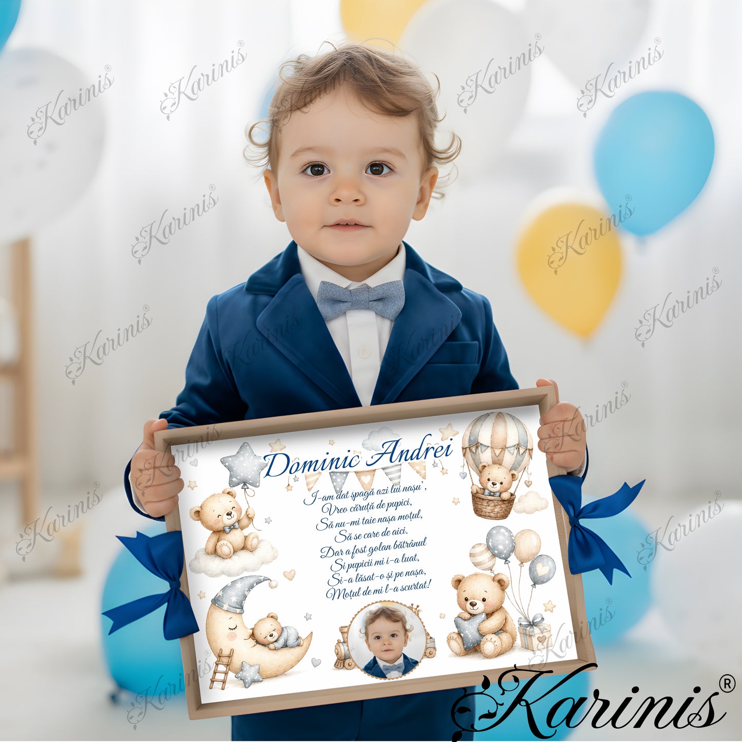 Tavita mot baiat personalizata cu ursulet pe luna, balon cu aer cald, stelute si poza copil