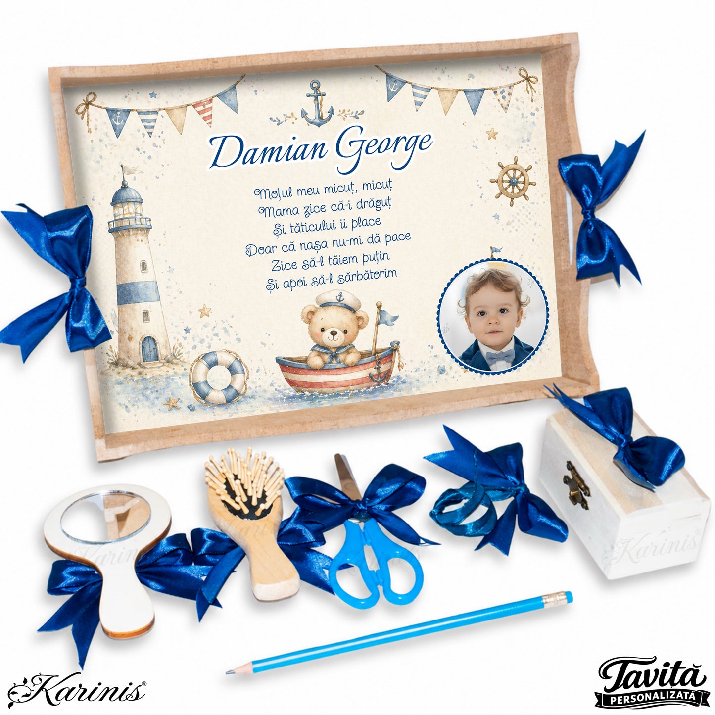 Set mot baiat aniversare 1 an cu tava personalizata, tematica nautica si poza copil