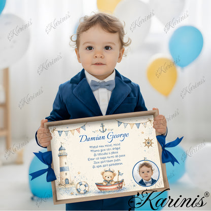 Tavita mot baiat personalizata cu ursulet marinar, far, barca, ancora si colac de salvare