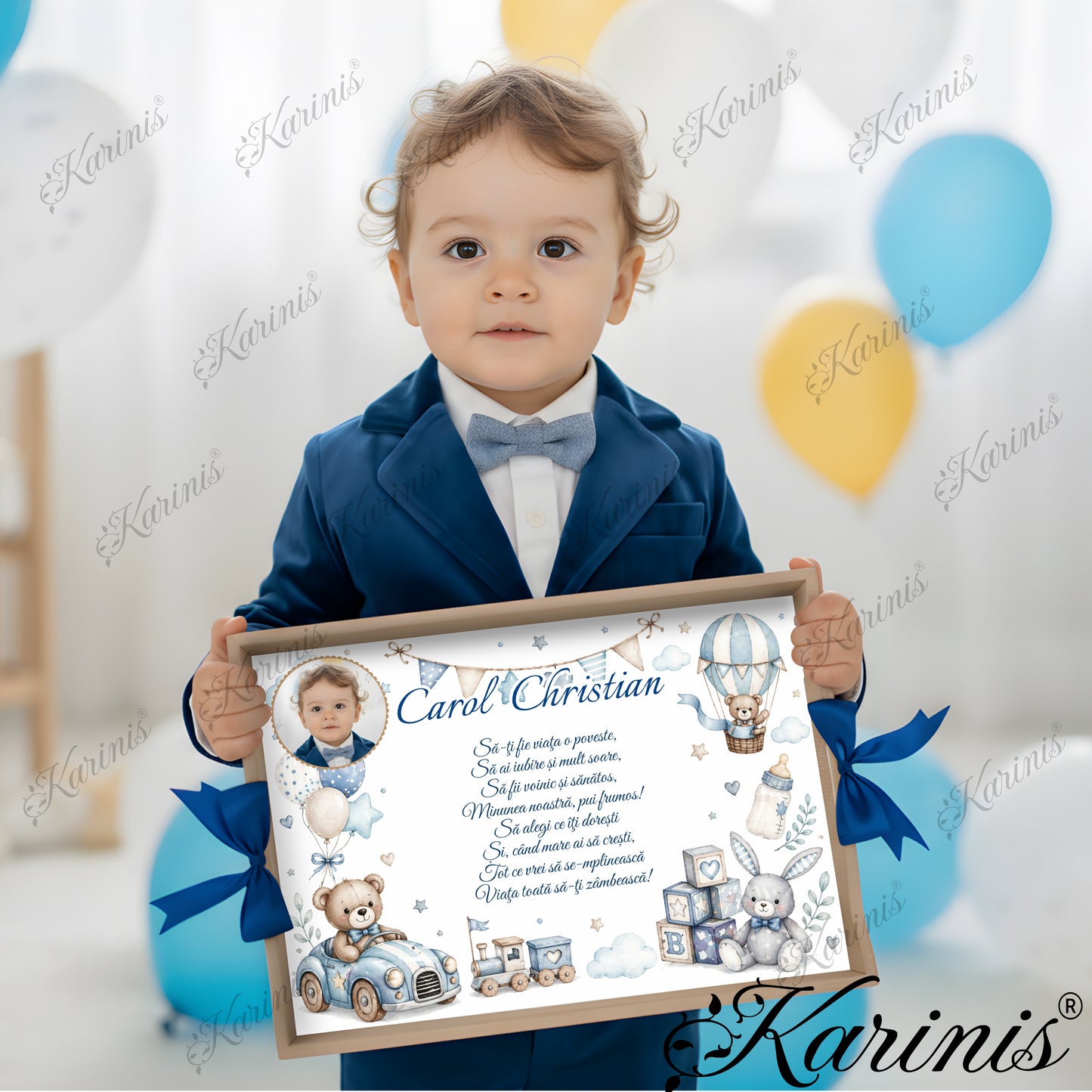 Set mot baiat aniversare 1 an cu tava personalizata, tematica ursulet baby si poza copil