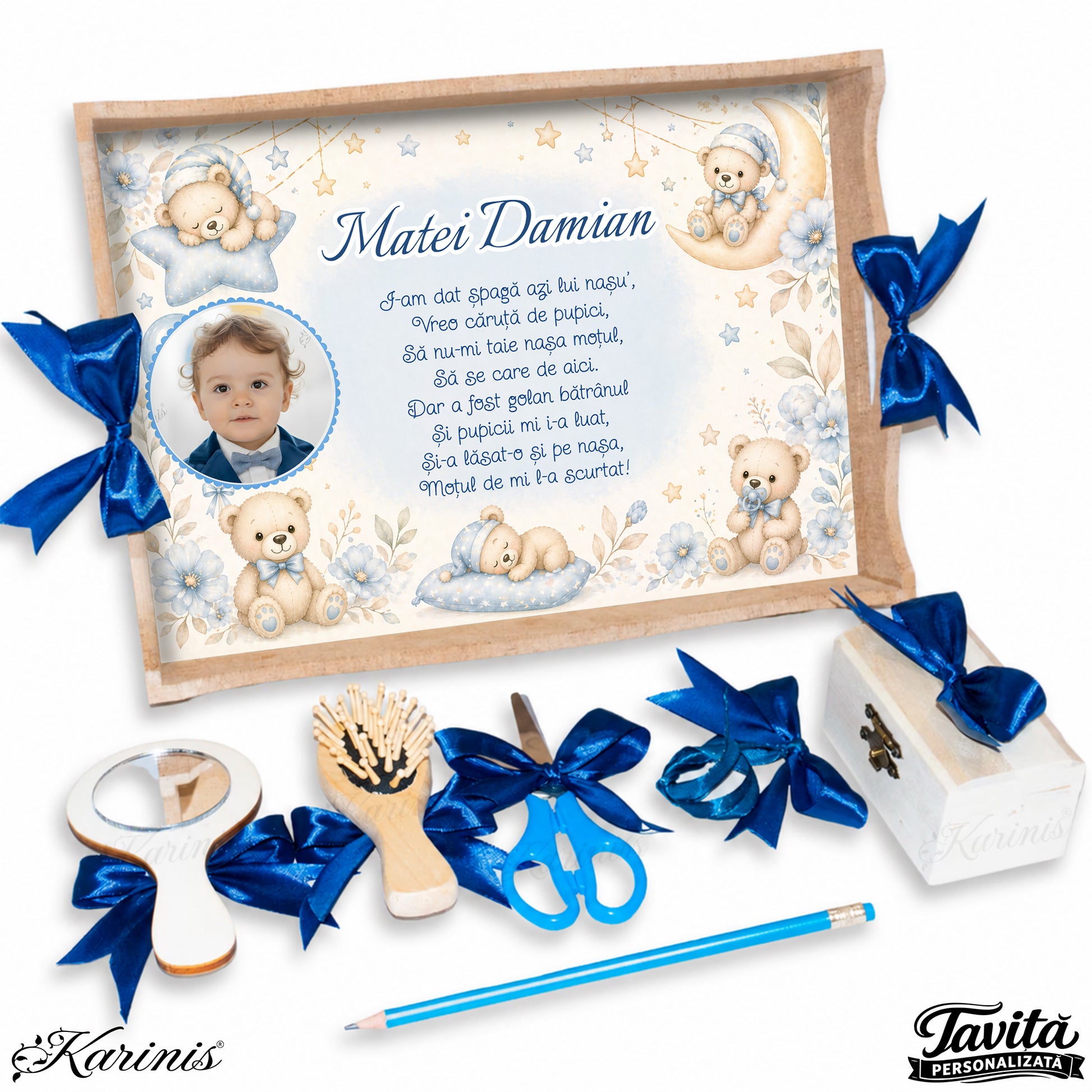 Set mot baiat aniversare 1 an cu tava personalizata, ursuleti si decor pastel bleu