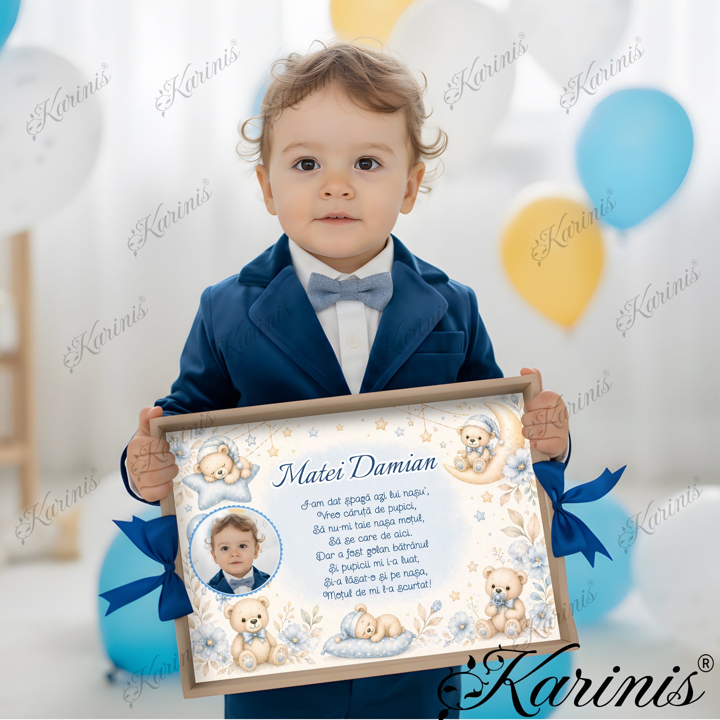 Tavita mot baiat personalizata cu ursuleti somnorosi bleu si poza copil
