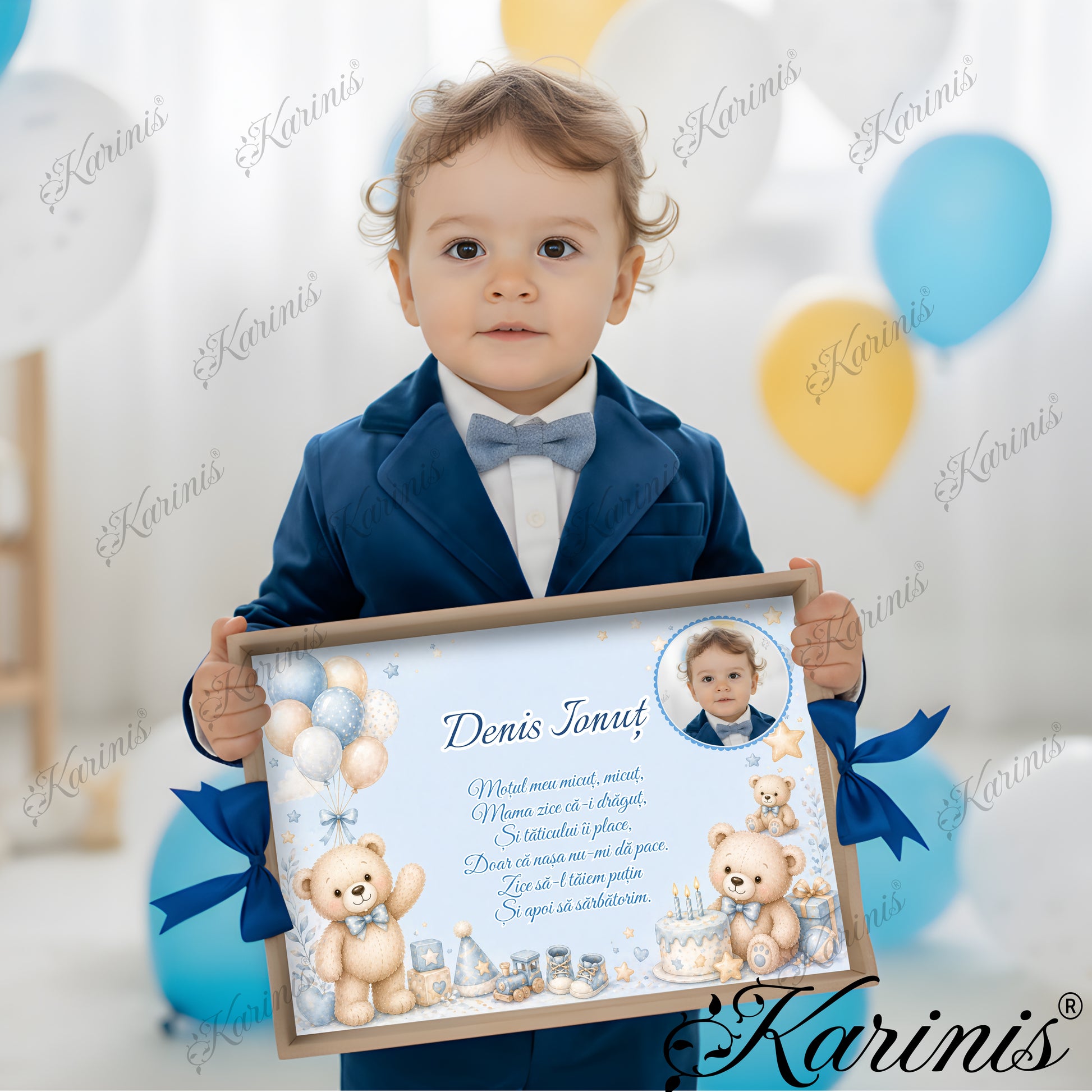 Tavita mot baiat personalizata cu ursuleti bleu si tort aniversar