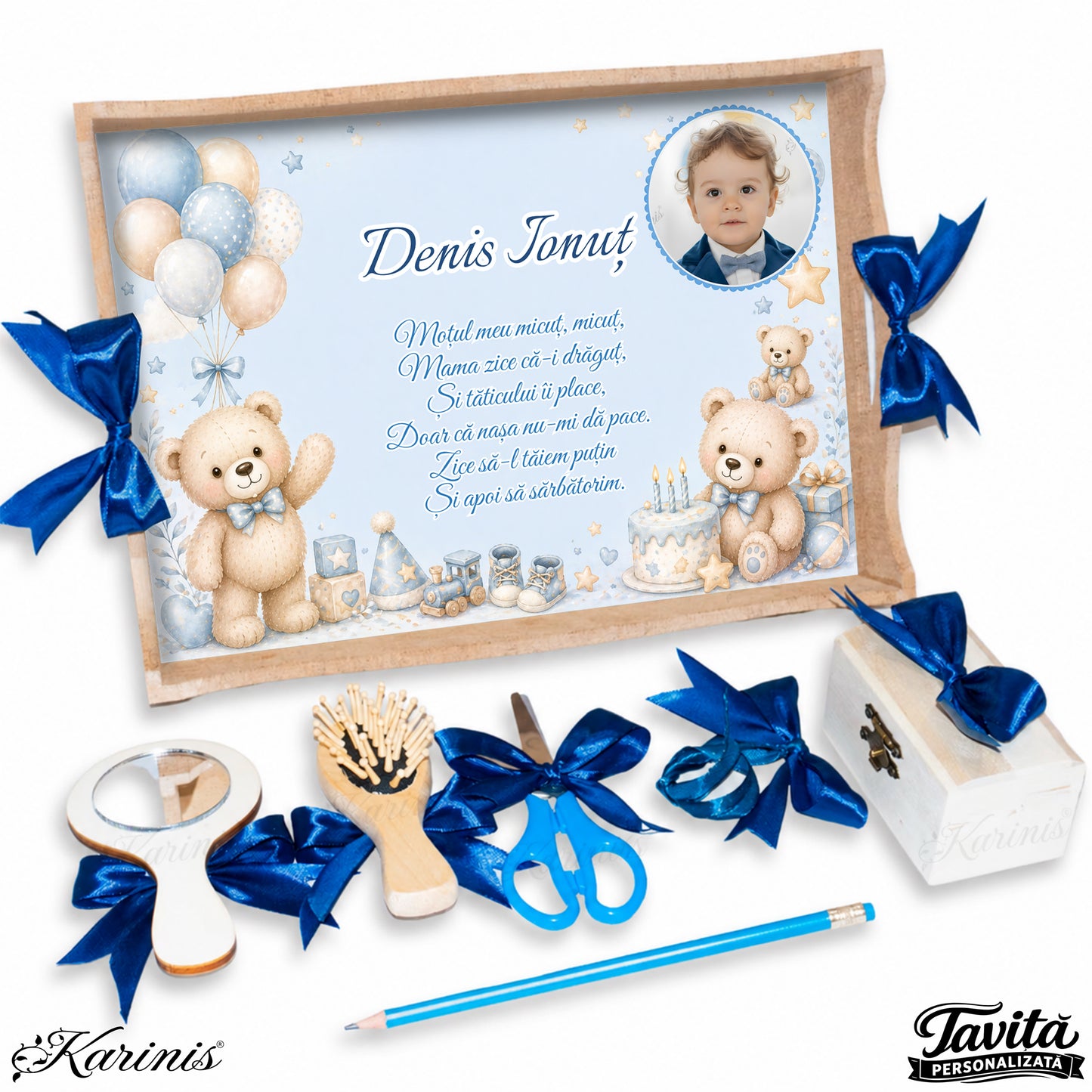 Set mot baiat cu tava personalizata, baloane pastel si poza copil