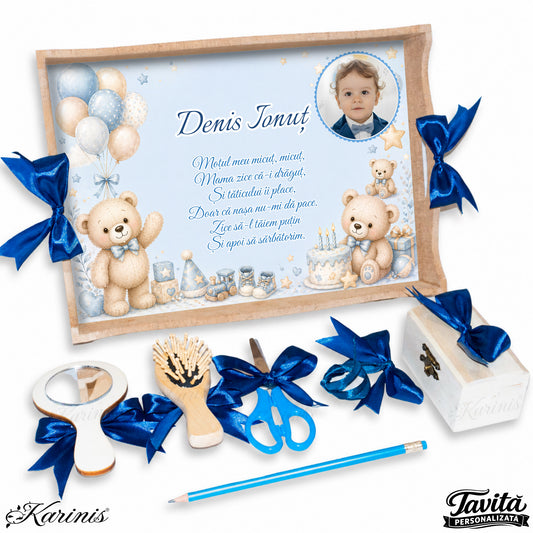 Set mot baiat cu tava personalizata, baloane pastel si poza copil