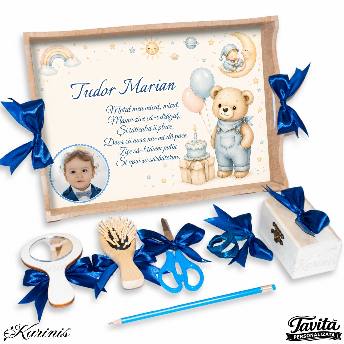 Tavita mot personalizata baiat cu ursulet bleu si tort aniversar pastel