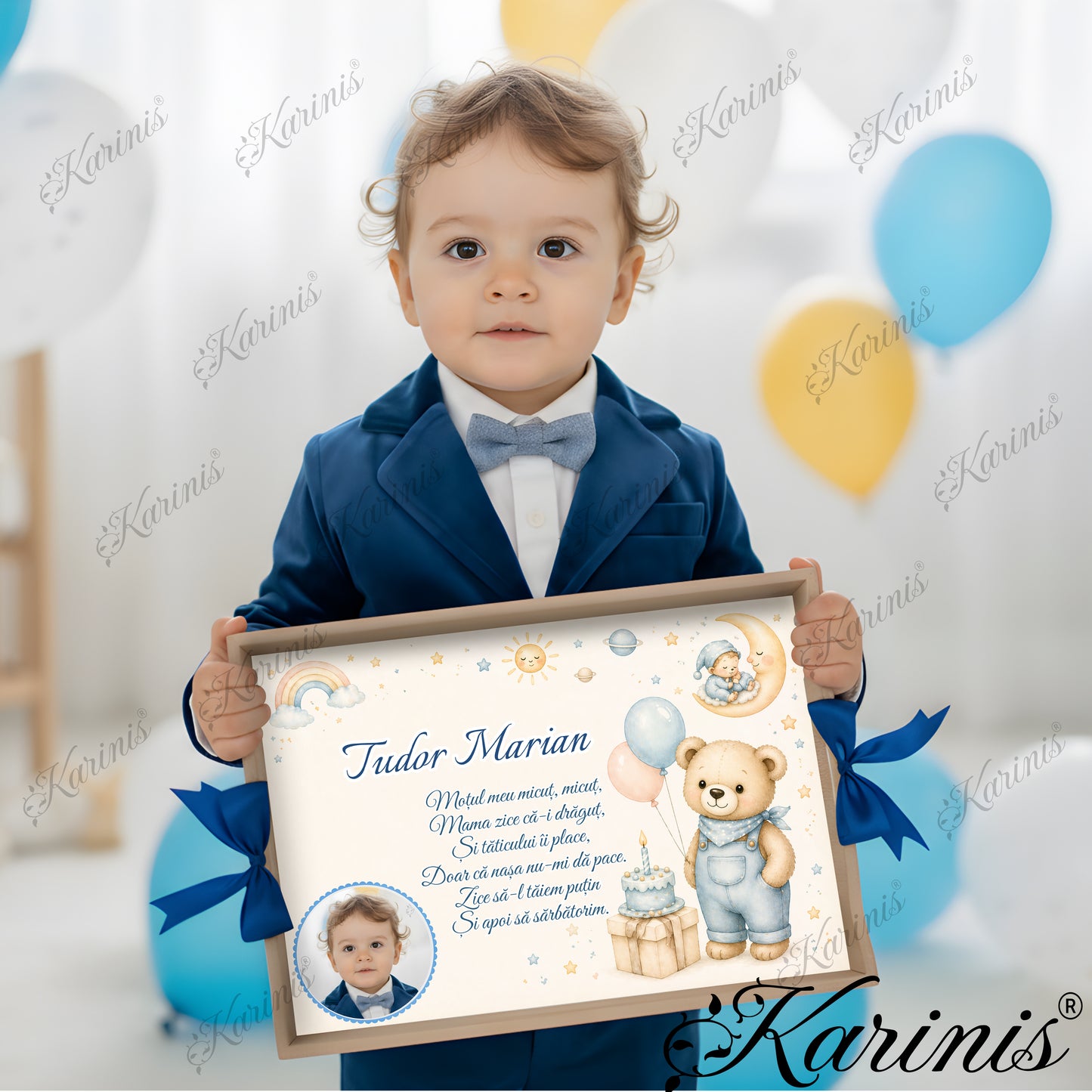 Set mot baiat cu tava personalizata, ursulet, luna si baloane bleu