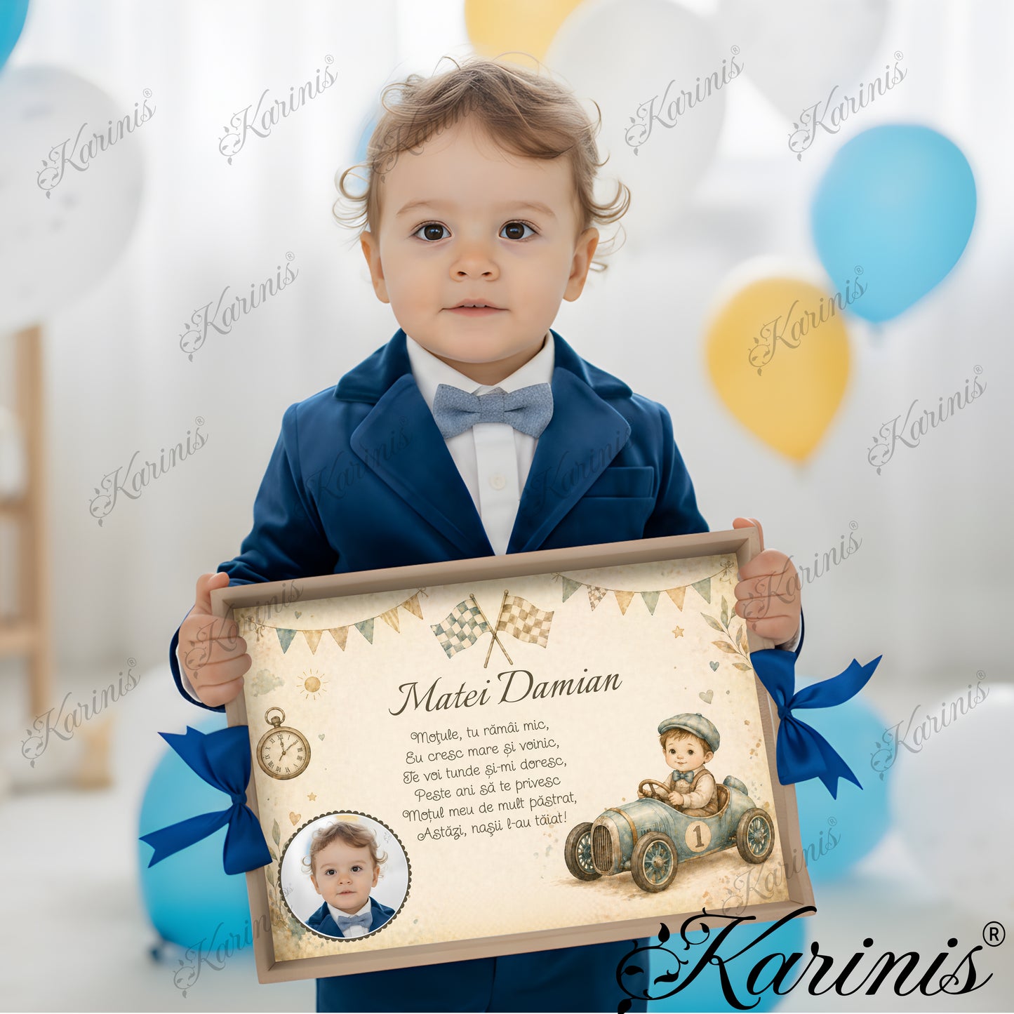 Set mot personalizat pentru baieti cu tava vintage si masina clasica