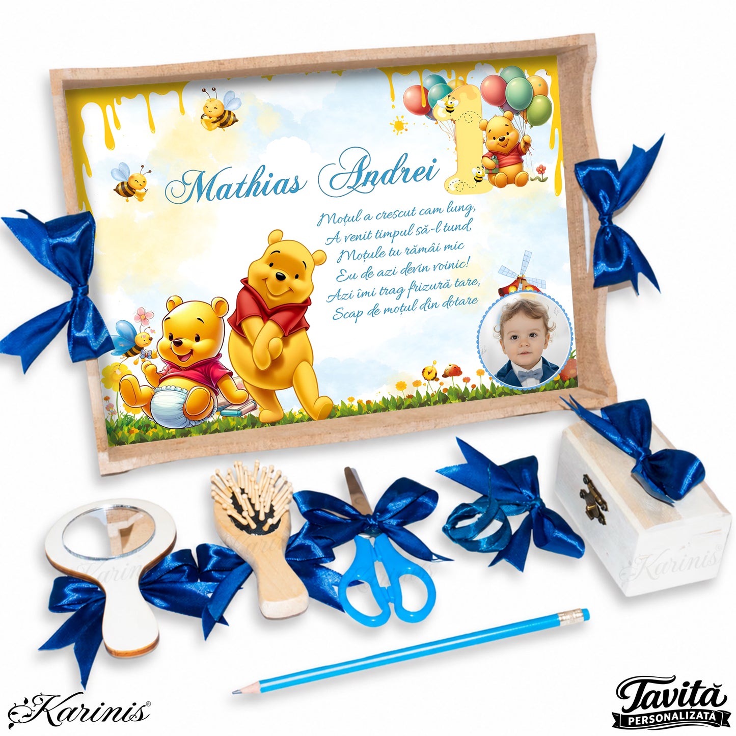 Tavita mot baiat personalizata cu ursulet winnie the pooh si decor galben pastel